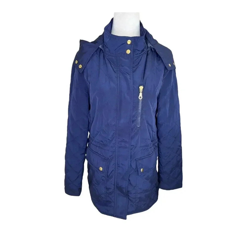 Old Navy Women's Quilted Hooded Rain Jacket Blue Size Medium Mid-Length Casual